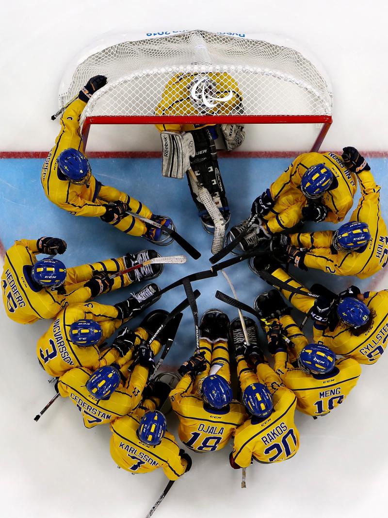 A Para ice hockey team on the ice seen from above