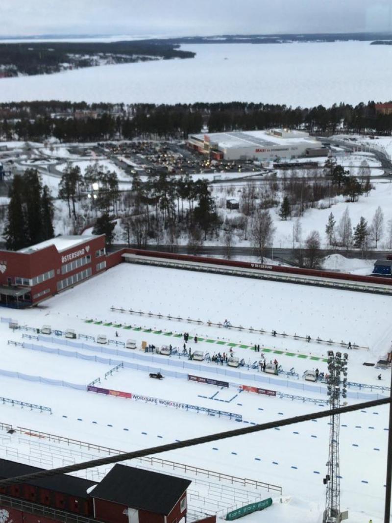 An aerial view of a Biathlon arena under snow