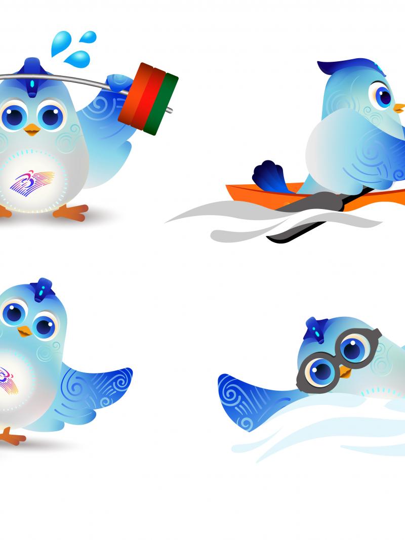 Bird mascot doing four different sports