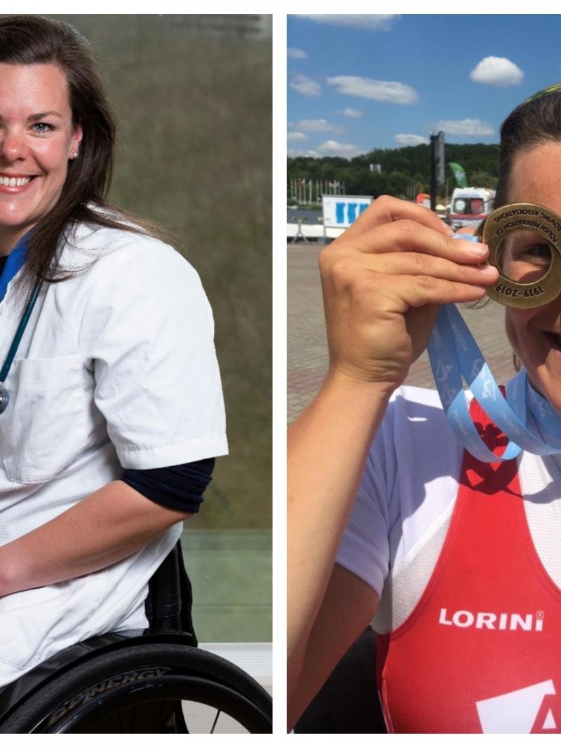 Photo collage of Dutch athlete in doctor uniform and rowing medals