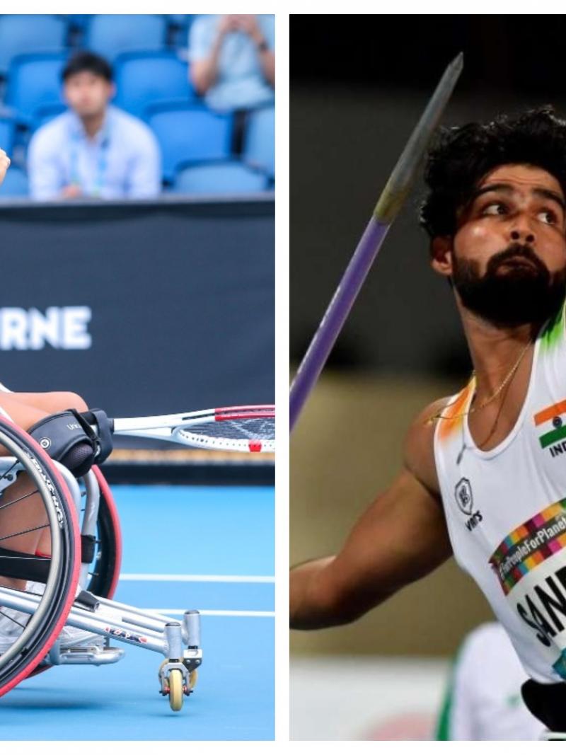 Photo collage of Japanese wheelchair tennis player and Indian javelin thrower