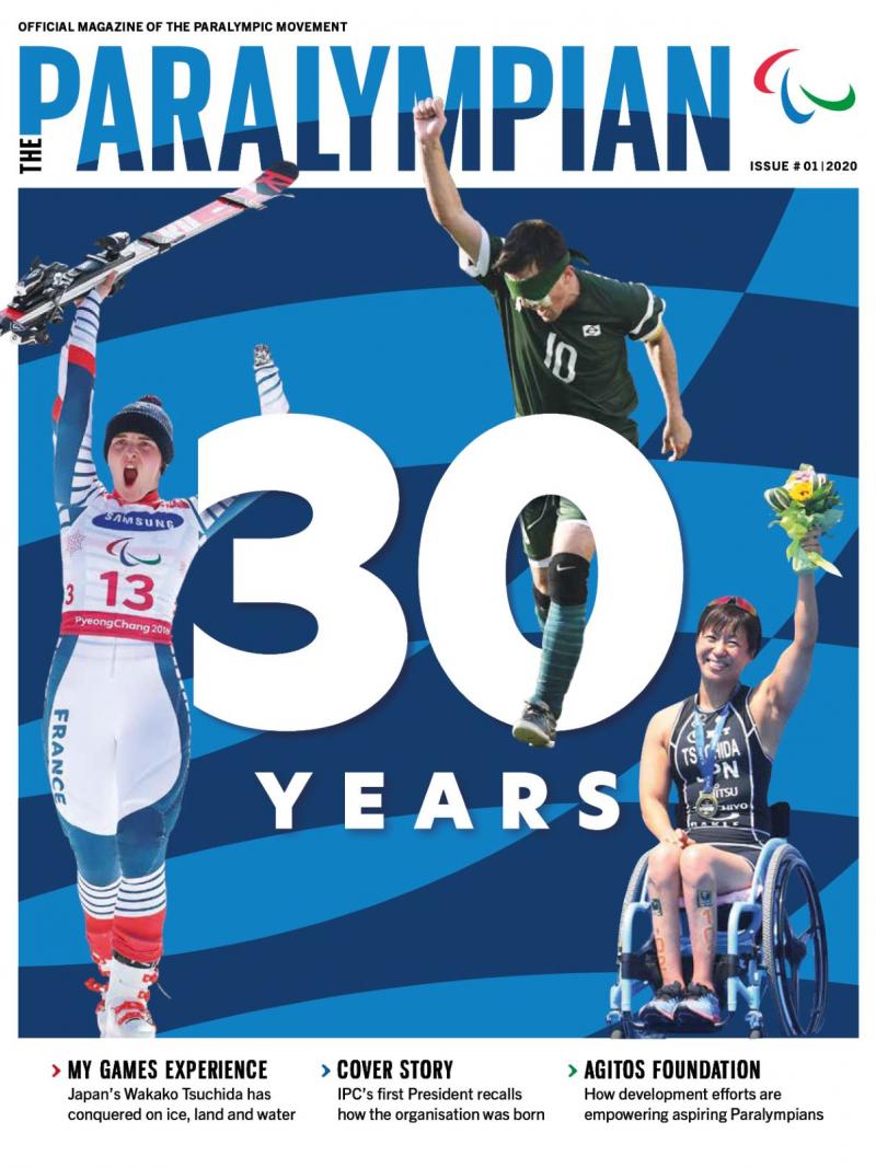 Cover page of IPC magazine with three athletes celebrating around the number 30 to signify IPC's anniversary