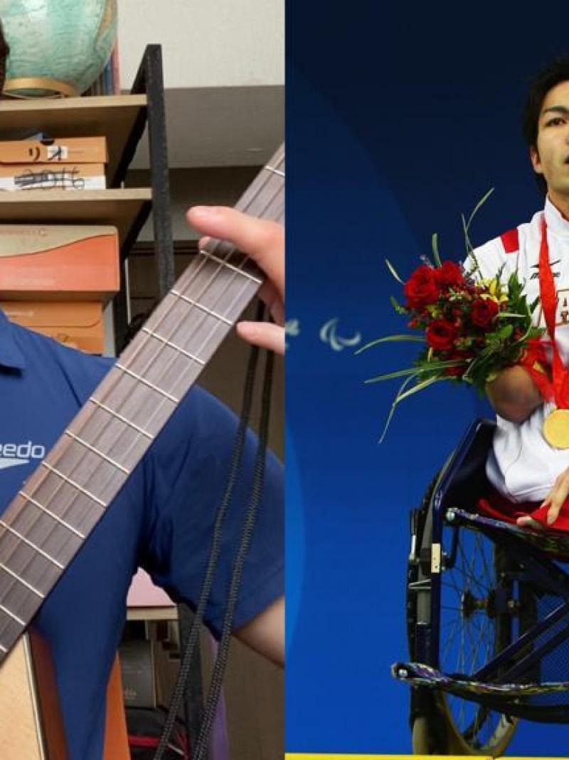 Two pictures of the same person. One with a guitar and the other in a wheelchair with a gold medal