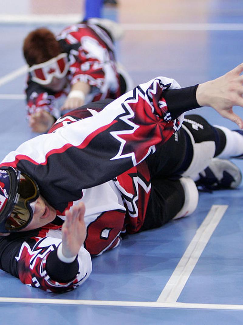 Canadian female goalball player makes a diving block