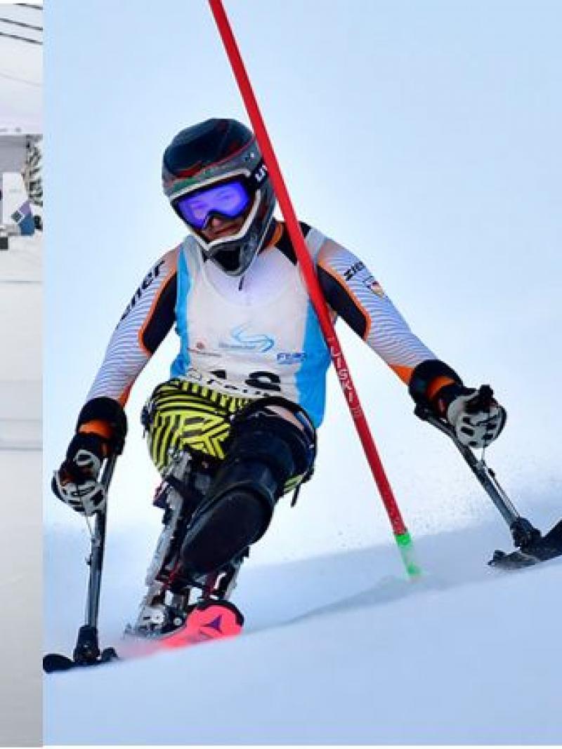 A photo collage with two snowboarders, an alpine sit-skier and a cross-country sit-skier