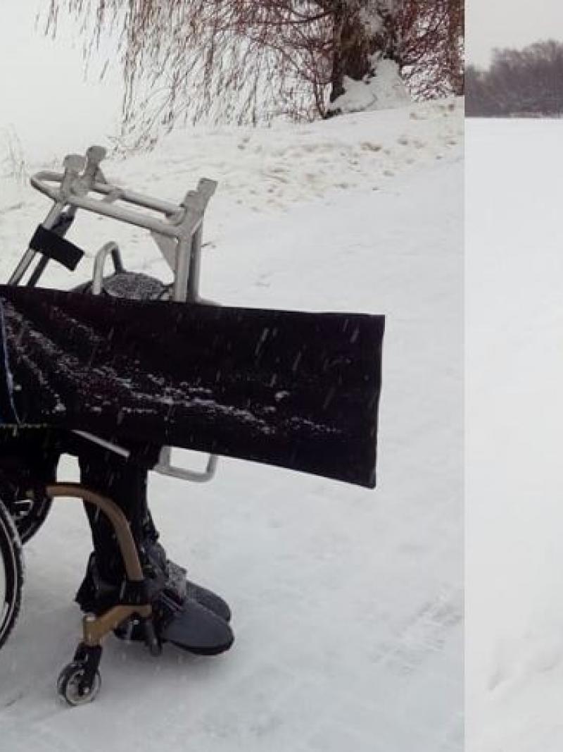 Two pictures of the same man in a wheelchair on the snow 