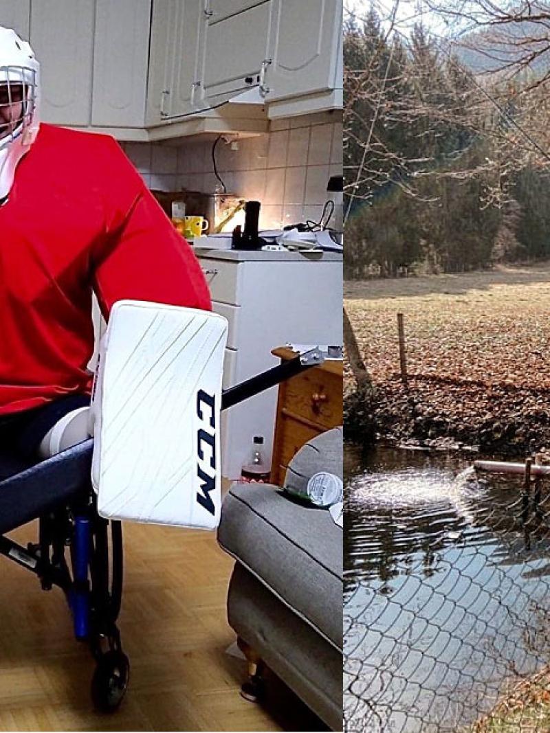 Two pictures side by side: a man in a wheelchair with a hockey goalkeeper outfit and a man standing and fishing