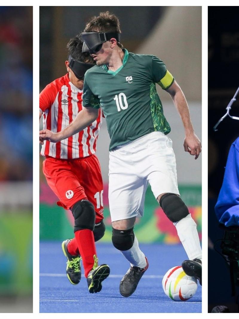 Photo collage of three athletes - a sprinter, boccia player and blind footballer