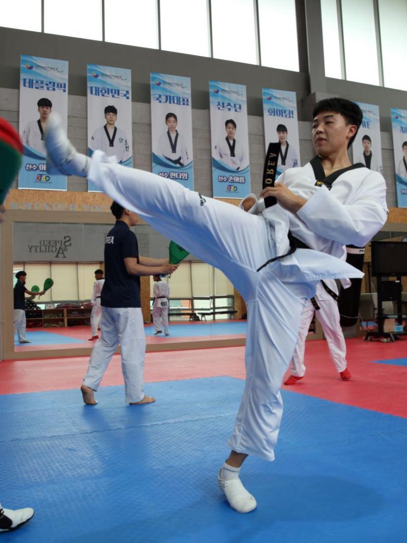 Korean taekwondo athlete kicks during training