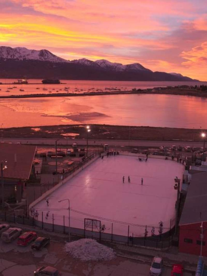 An outdoor ice rink in front of the sea in Ushuaia, Argentina
