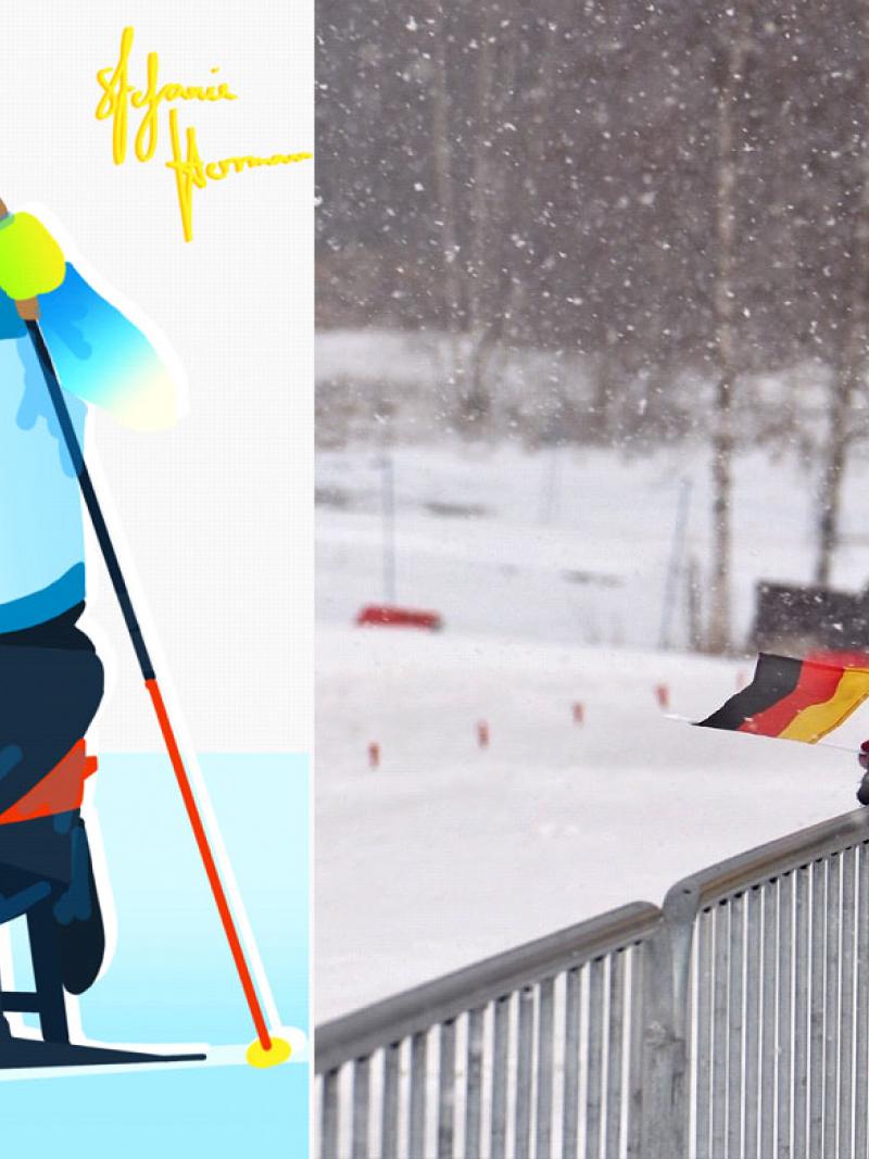 A picture of a woman in a snowy day on the right side and an artwork of a sit-skier on the left side