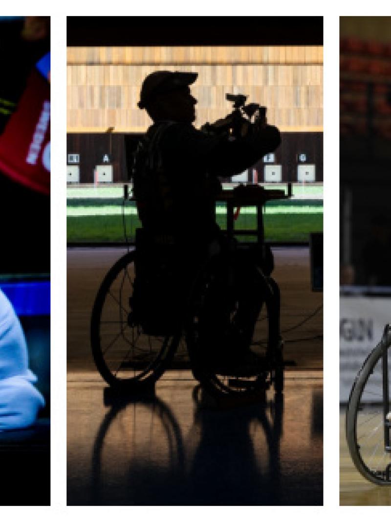 A picture montage showing a male swimmer underwater, a female powerlifter, a male wheelchair shooter, a female wheelchair dancer and a short stature man