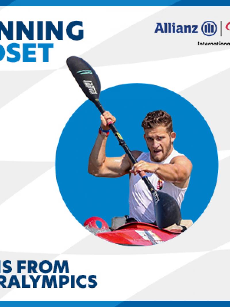 Male Para canoeist in sponsored graphic