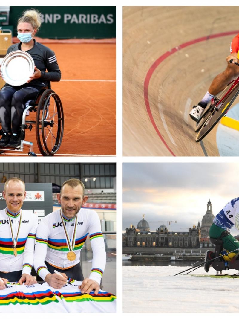 Photo collage of cycling, wheelchair tennis and Nordic skiing