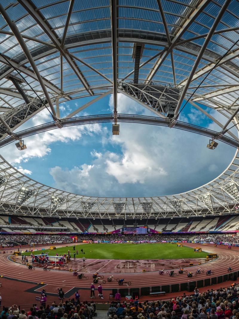 The aerial view of a stadium during a wheelchair race competition