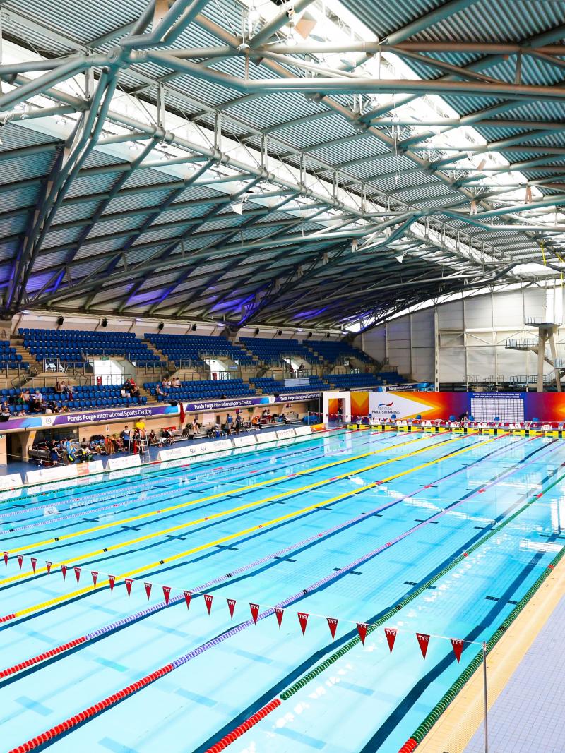 The view of the indoor swimming pool at the Ponds Forge International Sports Centre in Sheffield, Great Britain
