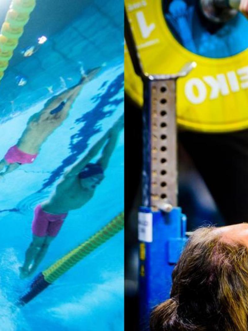 An underwater image of two men in a swimming pool and another picture of a woman lifting a bar