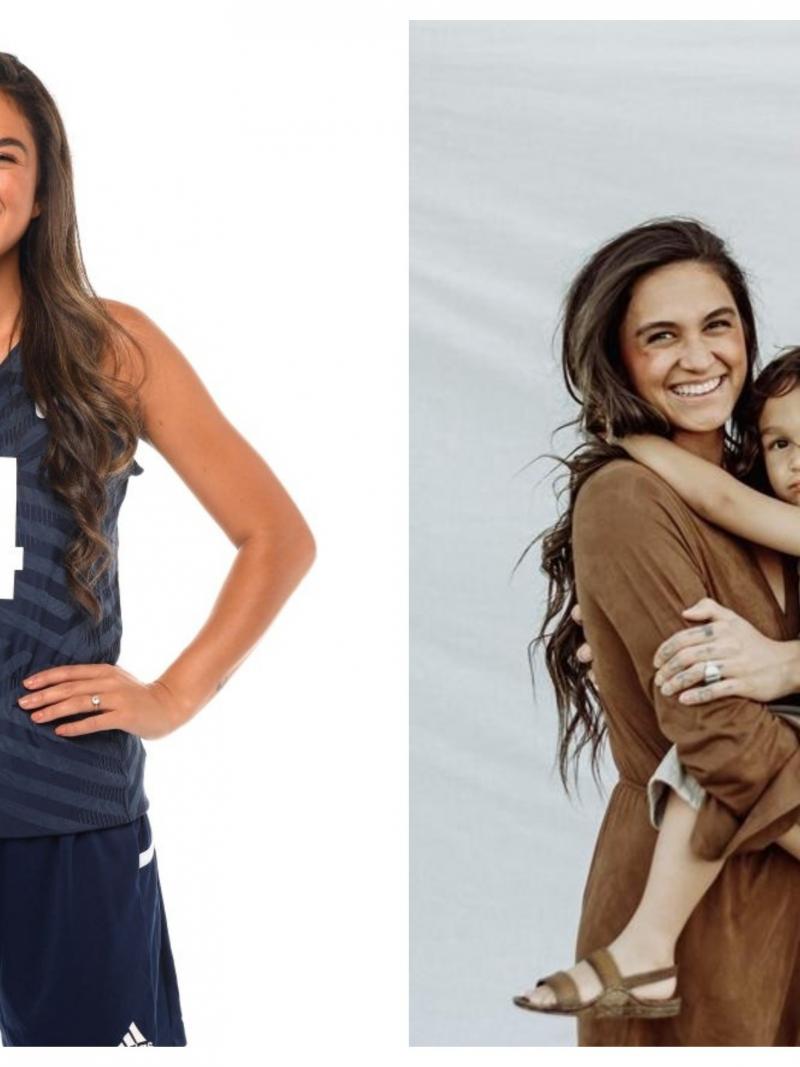 Collage of woman in sitting volleyball uniform and then on the right with her husband and toddler son