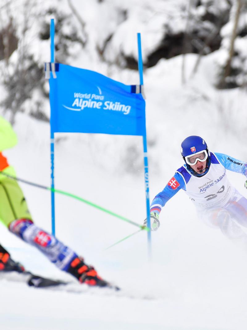 A vision impaired Para alpine skier following the guide in a downhill competition