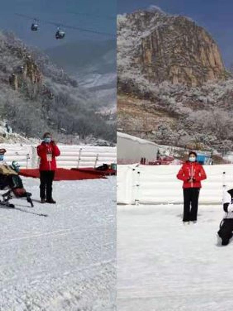 Two pictures of Para alpine sit-skiers receiving their prizes in a medal ceremony with snowy mountains in the background