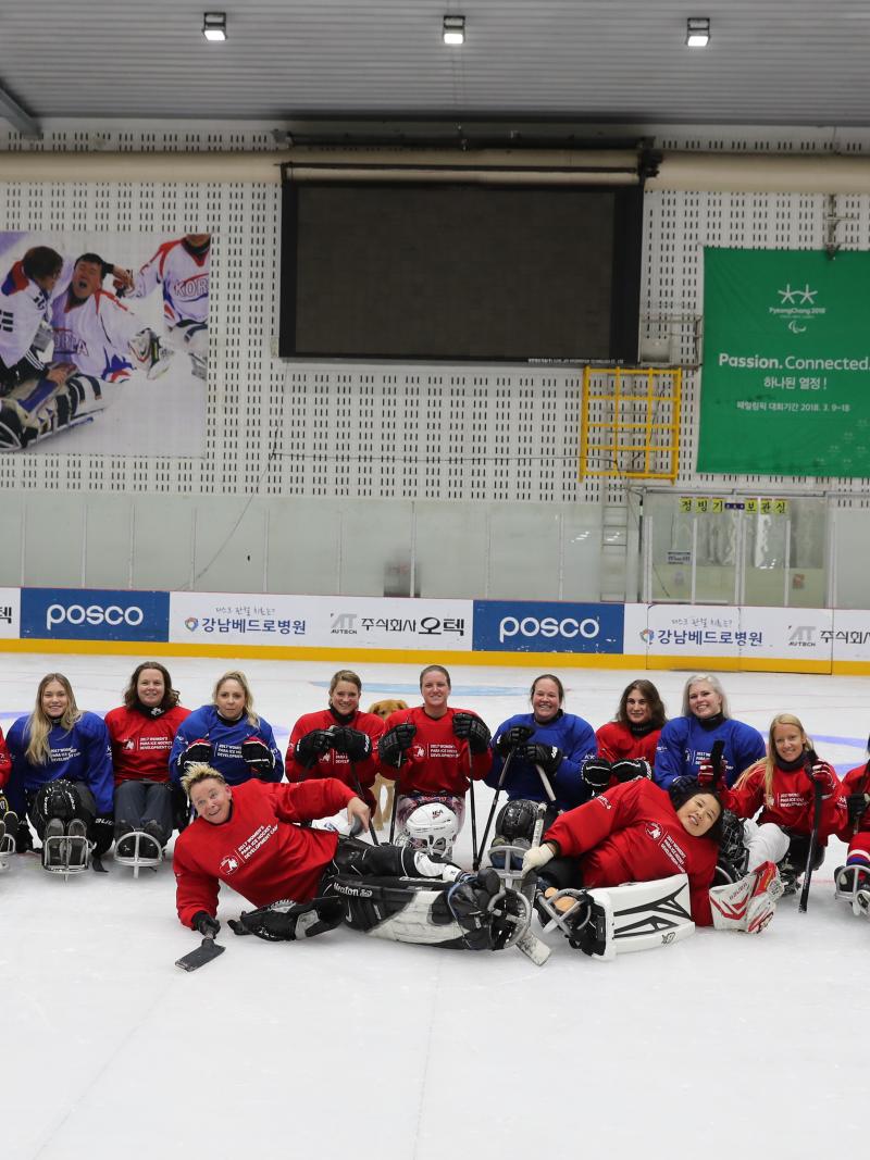 A group of 17 women on sledges wearing read and blue uniforms on an ice rink 