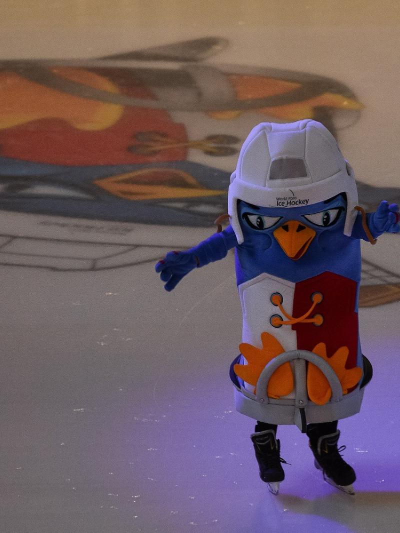 A penguin mascot on the ice during the Ostrava 2019 World Para Ice Hockey Championships