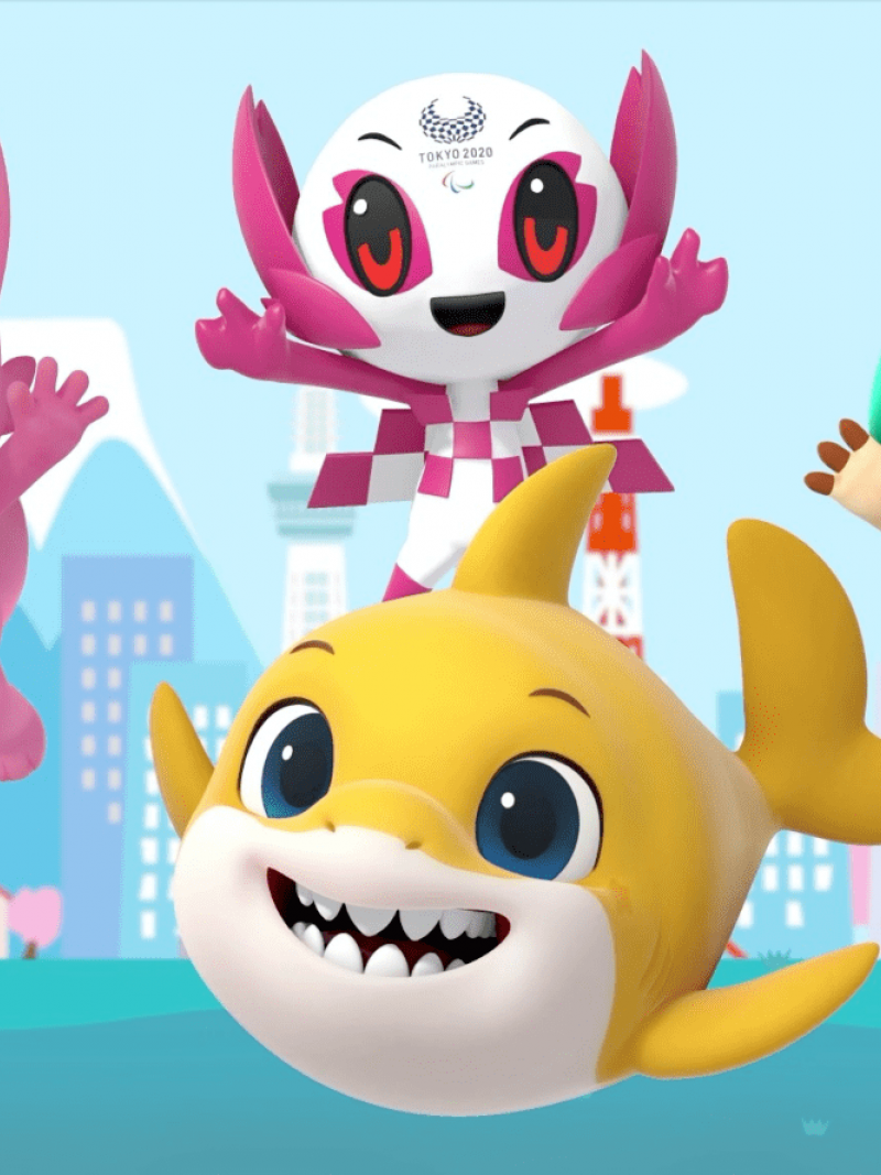 Cartoon animation of baby shark and Paralympic mascot and other characters