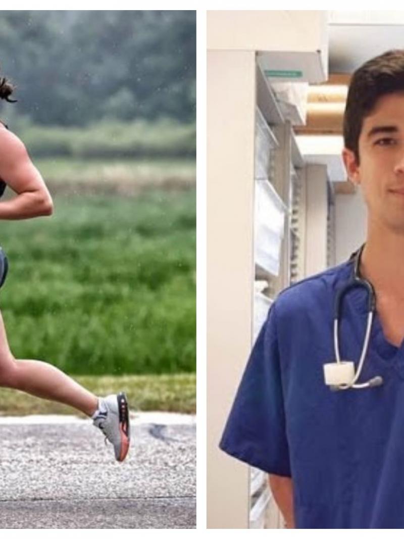 Collage of two athletes, one female athlete running with a prosthetic and another of a male nurse