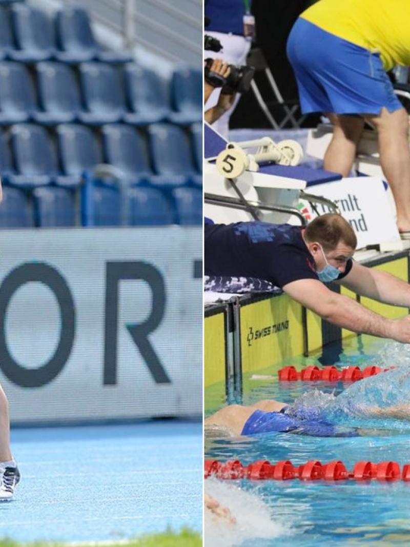 A photo collage with two women running in an athletics track and a man holding an armless swimmer