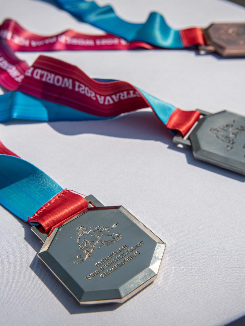 A table with three medals