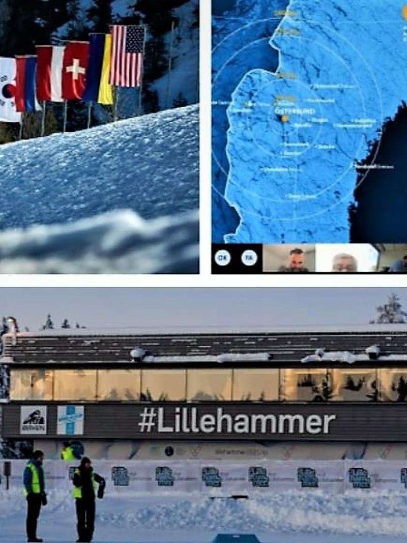A collage with a picture from a biathlon venue below and pictures of a group of country flags and a zoom presentation on top