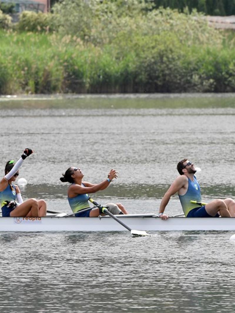JUBILANT: Brazilian mixed coxed four team celebrates on boat after winning an event