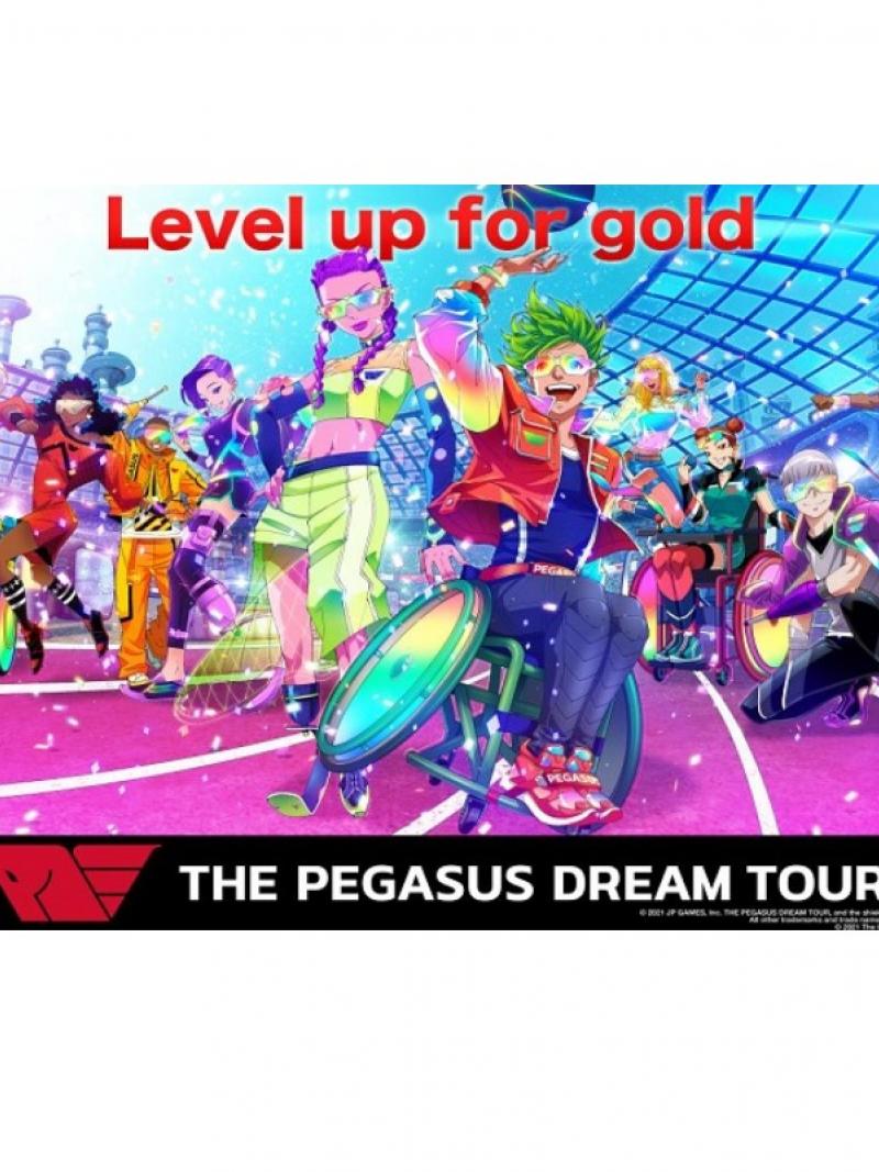 Paralympics official video game The Pegasus Dream Tour key visual with characters from the game and the phrase 'Level up for gold'