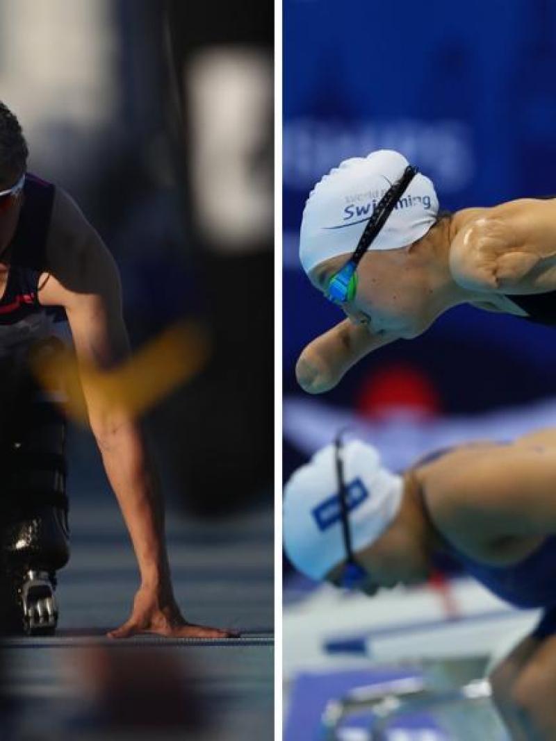 A photo collage with a man in an athletics starting block and two women jumping in a swimming pool