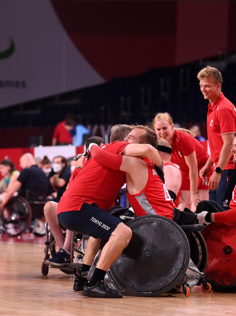 Danish wheelchair rugby team celebrating after beating powerhouses Australia