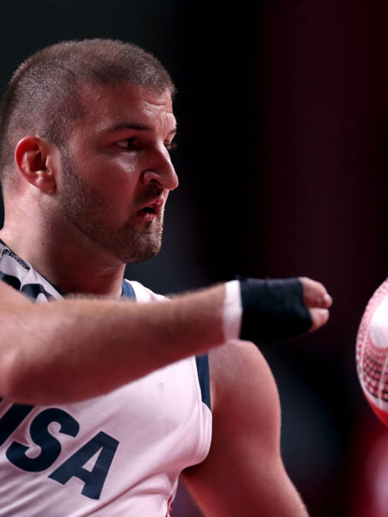 Kory Puderbaugh, close up in wheelchair rugby action