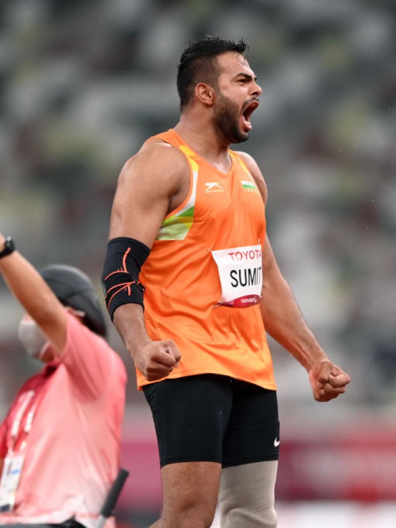  India's Sumit Antil reacts while competing in the men's Javelin Throw F64 of the Tokyo 2020 Paralympic Games at Olympic Stadium.