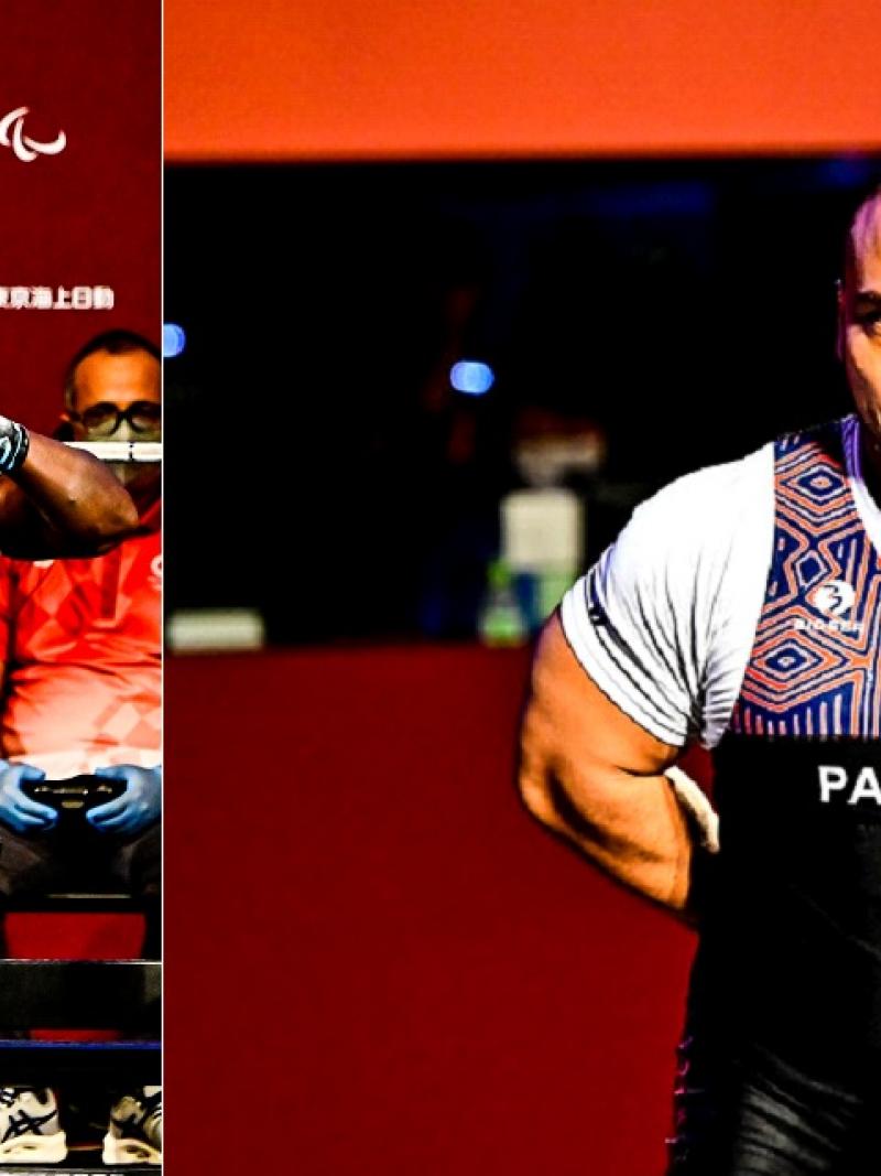 Two men in lifting suits in a Para powerlifting competition