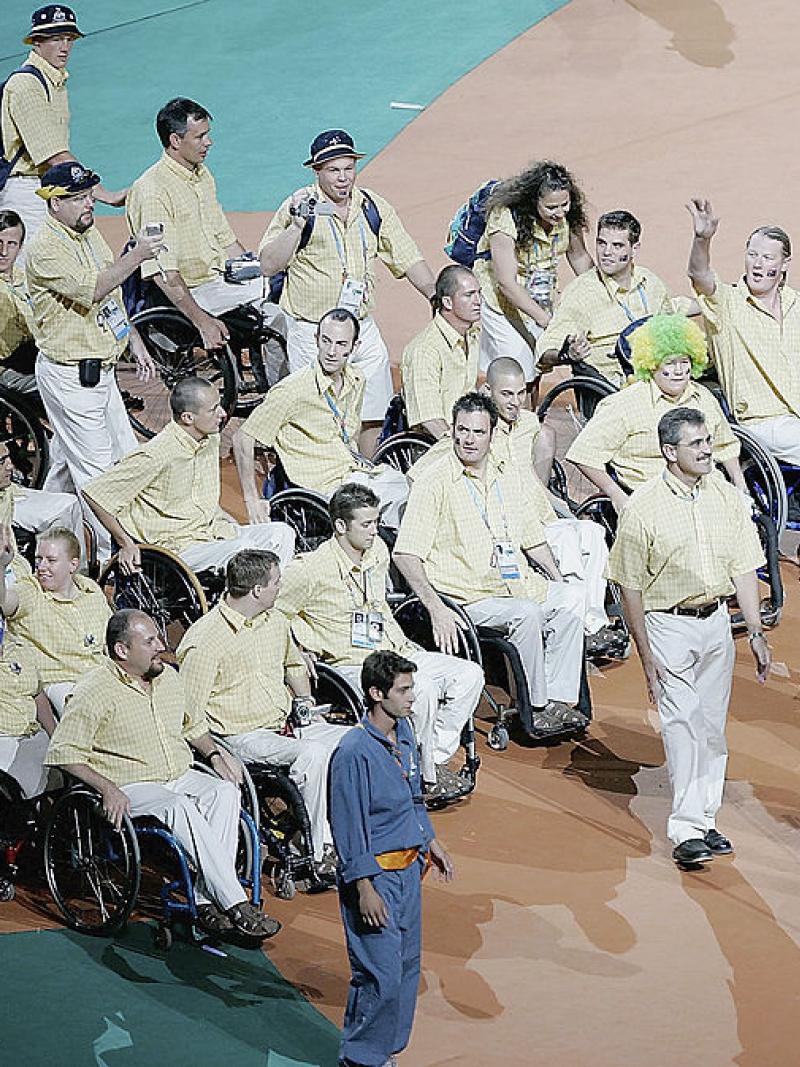 The Australian Paralympic team led by Louise Sauvage during the opening ceremony of Athens 2004 Paralympic Games