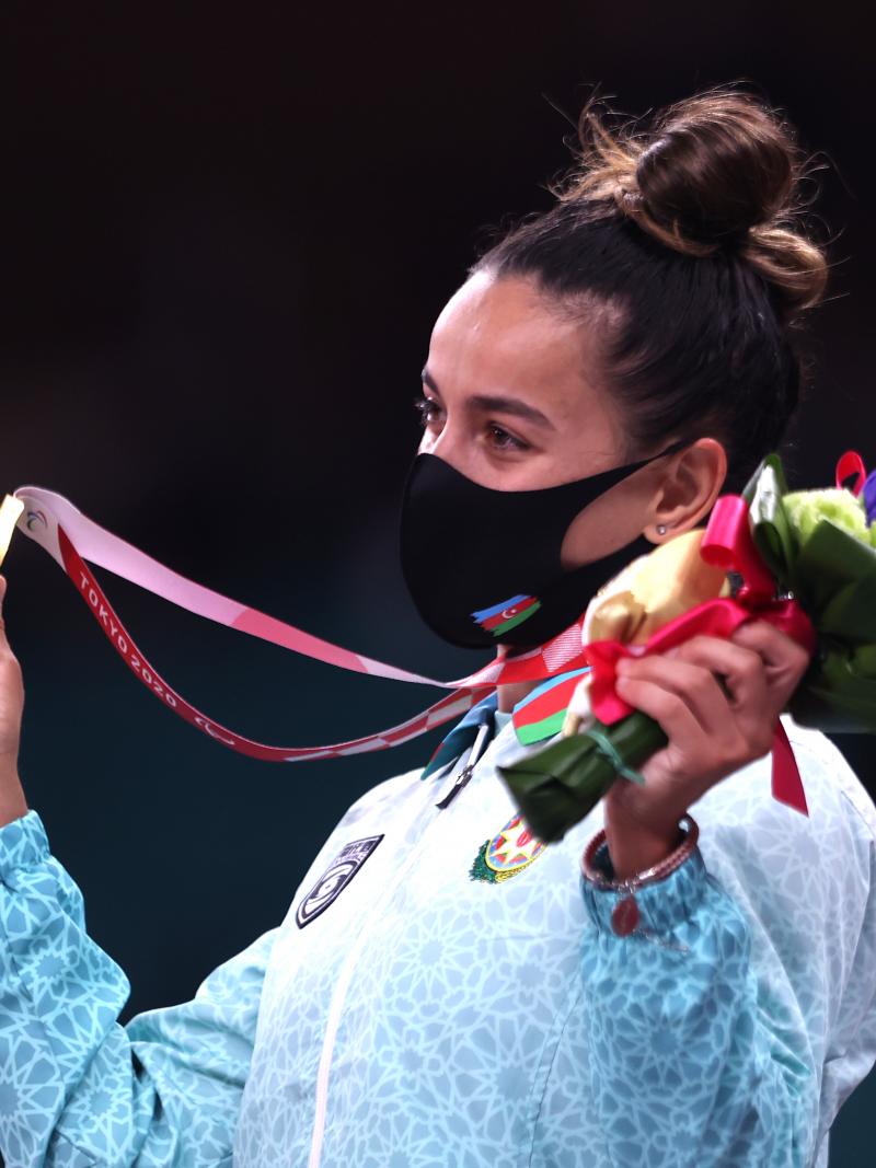 Sevda Valiyeva of Azerbaijan celebrates her gold medal on the podium