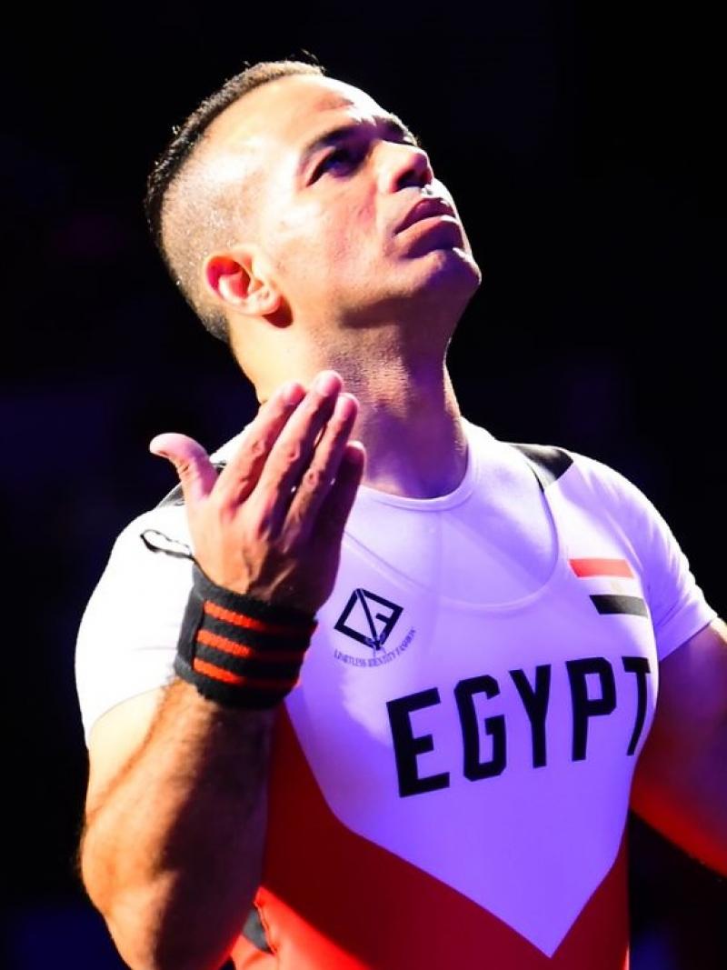 Egyptian powerlifter Sherif Osman looks upwards