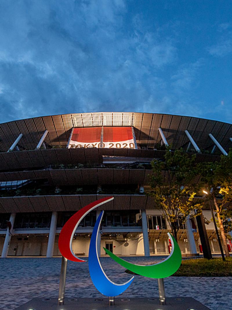 Agitos logo in front of the Olympic Stadium at Tokyo 2020
