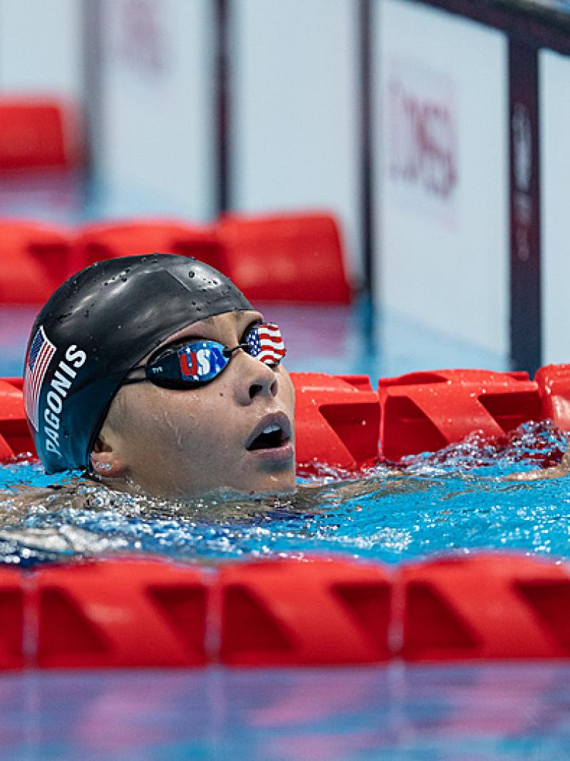 Swimmer Anastasia Pagonis in the pool after a race