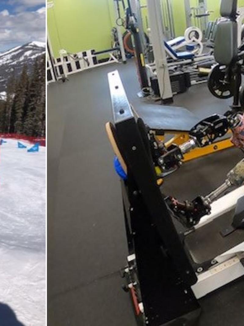 A picture of a man preparing to go down a snowboard slope and another picture of a man with prosthetic legs doing leg press in a gym