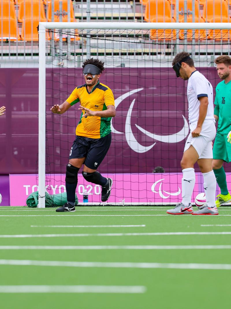 Brazilian football 5-a-side player Jardiel Vieira Soares celebrates his first Paralympic goal against France