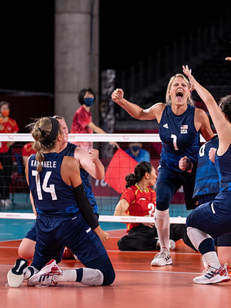 US female sitting volleyball team celebrates winning gold against China