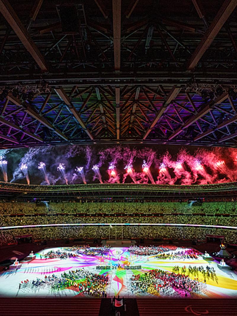 Colorful display of Olympic Stadium during Closing Ceremony