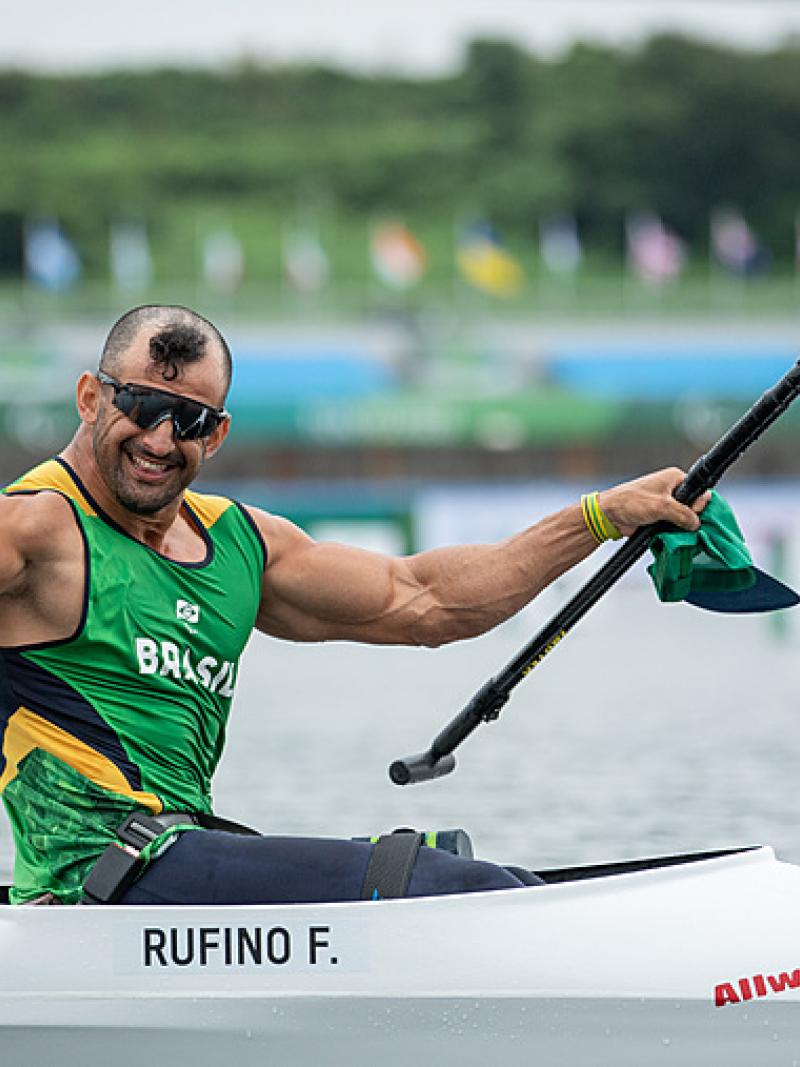 Male canoe athlete celebrates