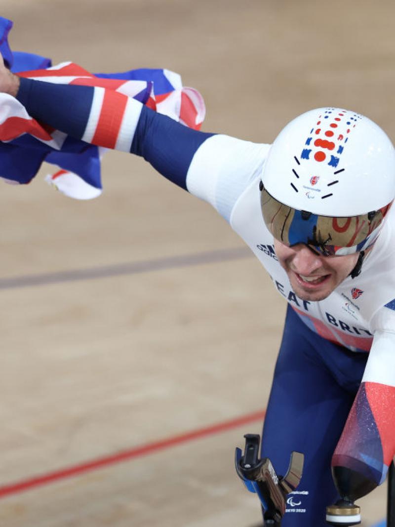VICTORY LAP: Jaco van Gass of Great Britain celebrates after winning gold medal in the Track Cycling Men's C3 3000m Individual Pursuit race at Tokyo 2020 Paralympic Games.
