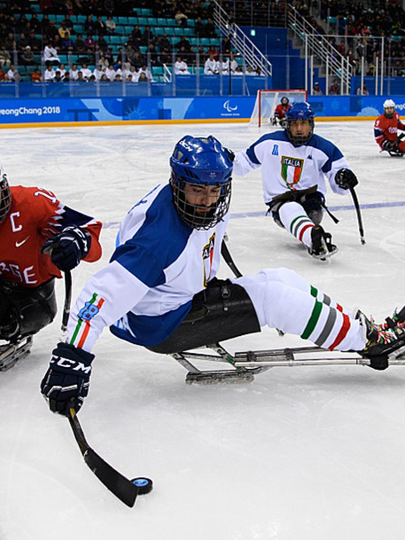 A Para ice hockey game between Italy and Norway